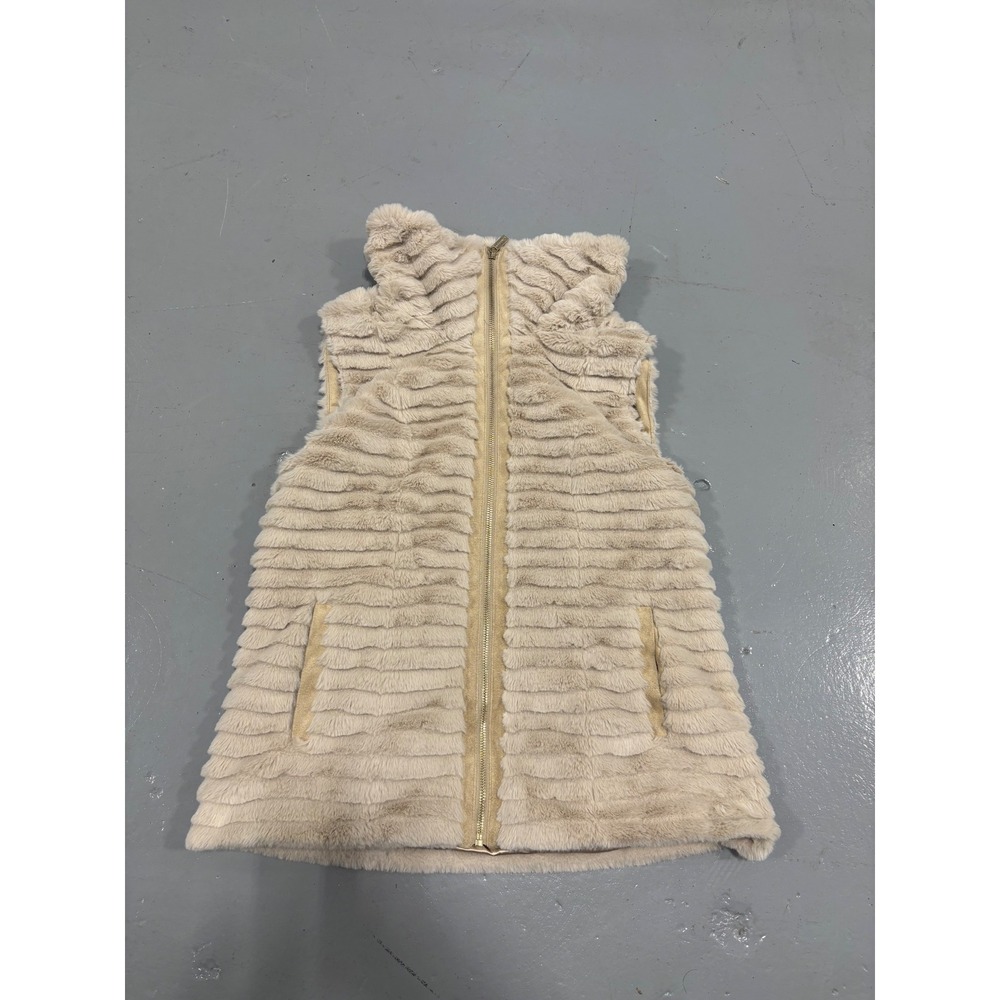 Calvin Klein Tan Faux Fur Ribbed Full Zip Vest Womens Small Beige Funnel Neck